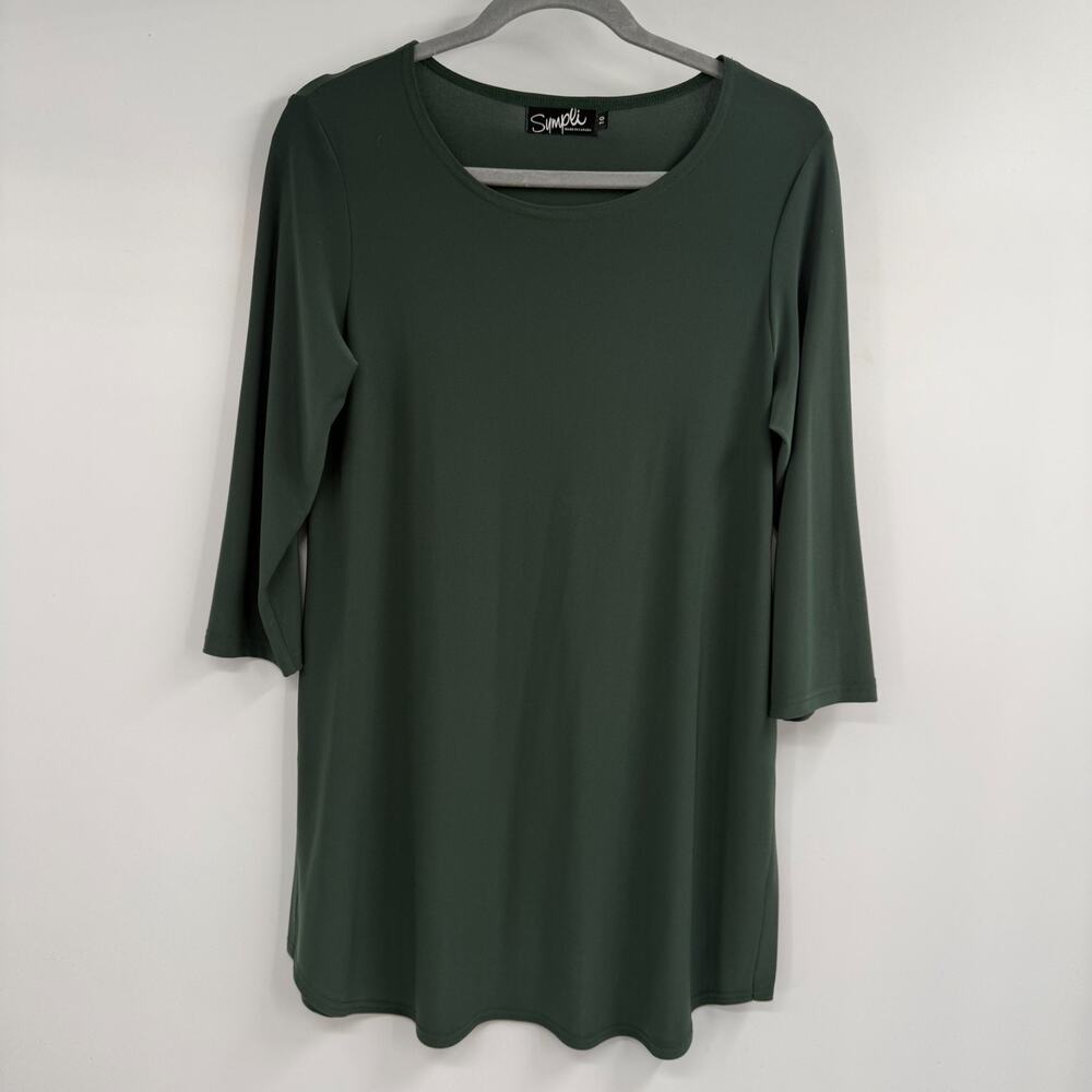 Sympli Jersey Side Slit Tunic Top Womens 10 Green Scoop Neck 3/4 Sleeve Stretch
